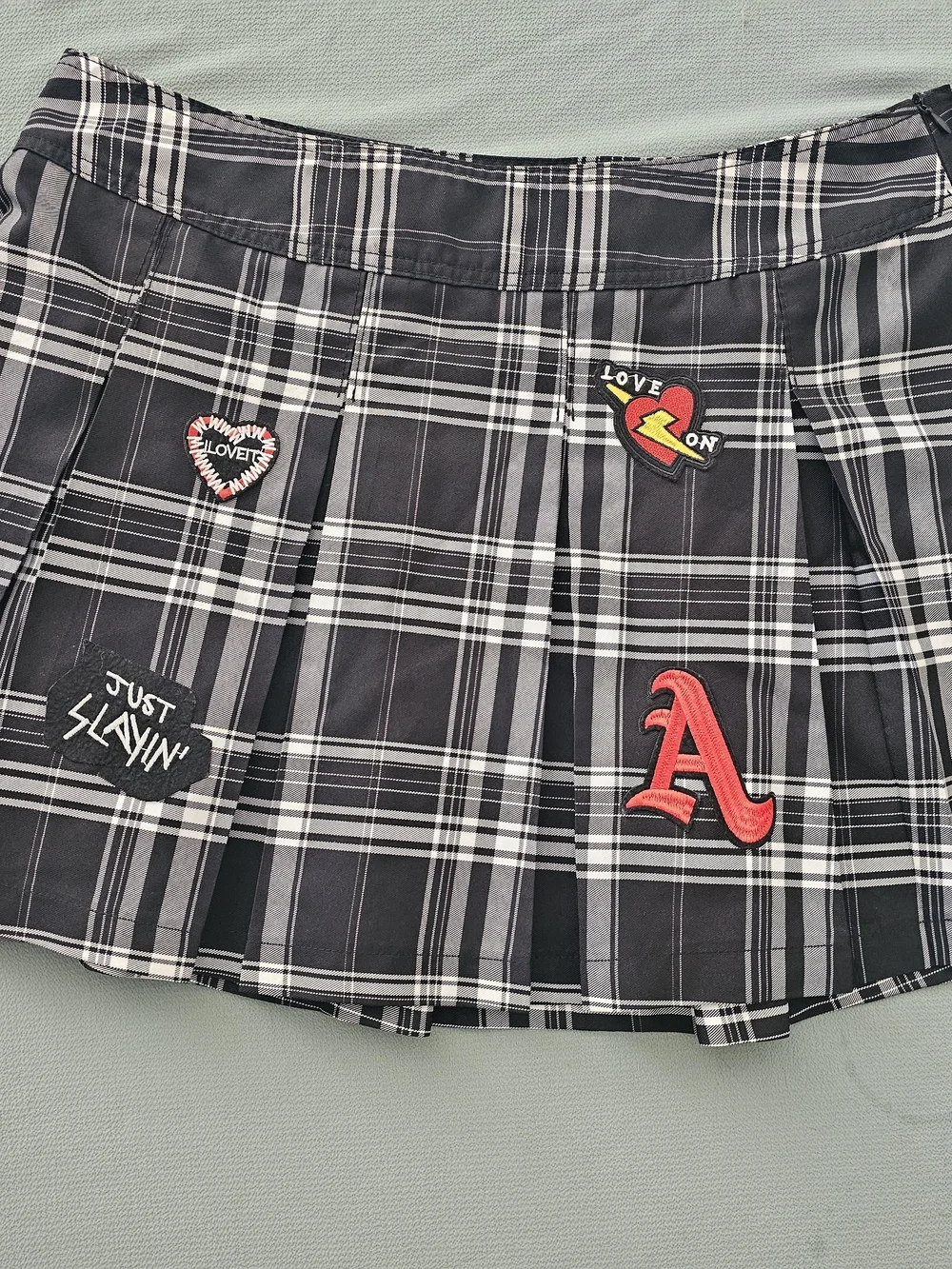 Love Black & White Plaid Pleated Skirt with Red Heart/Patches